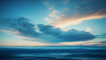Foggy sky at sunrise in the mountains. Nature background.の素材