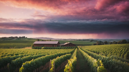 Vineyard in Tuscany, Italy, at sunset.の素材