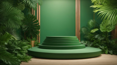 Green podium with palm leaves, 3d rendering. Computer digital drawing.の素材