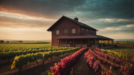 Vineyard in the countryside with a red barn in the foregroundの素材