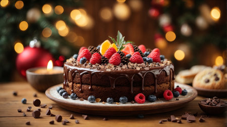Chocolate cake with fresh berries on wooden table and Christmas lights on backgroundの素材