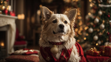Portrait of a golden retriever dog with christmas decorations.の素材