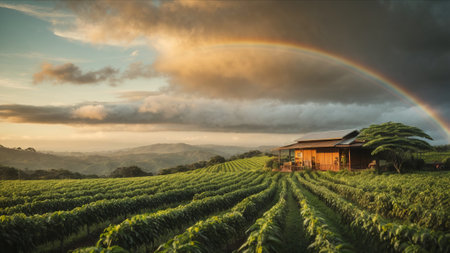 rainbow over tea plantation in the morning, Chiang Rai Thailandの素材