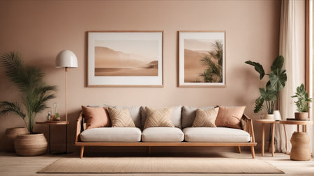 Interior of modern living room with brown sofa and pictures on wallの素材