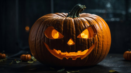 Halloween pumpkin head jack-o-lantern on dark backgroundの素材