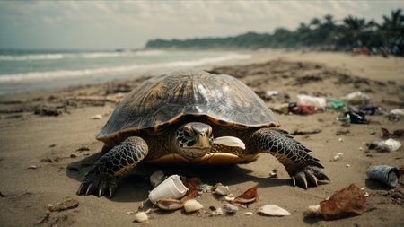 Turtle and garbage on the beach. Pollution environment concept.の素材