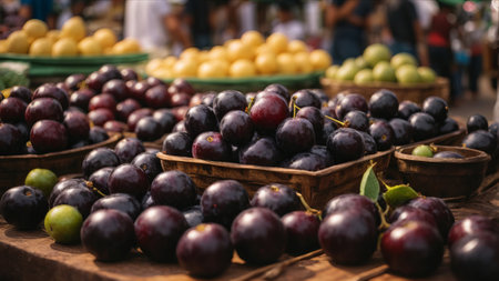 Fresh plums in a basket on a market stall in India.の素材