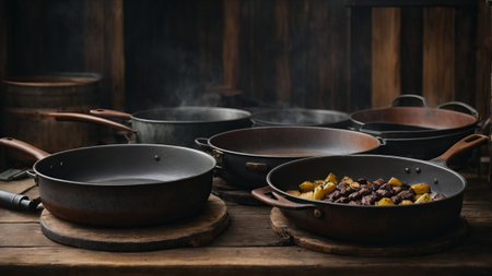 Old cast iron pans on a wooden table in a rustic kitchenの素材