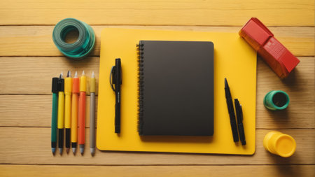 Top view of stationery on wooden table background. Back to school conceptの素材