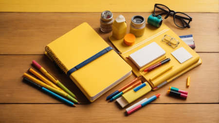 School supplies on wooden background. Back to school. Copy space.の素材