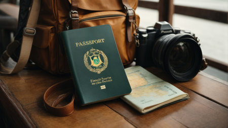 Traveler holding passport and camera on wooden table. Travel concept.の素材