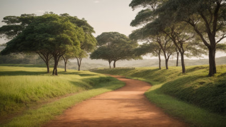 Path in the green field with trees and fog in the morning.の素材