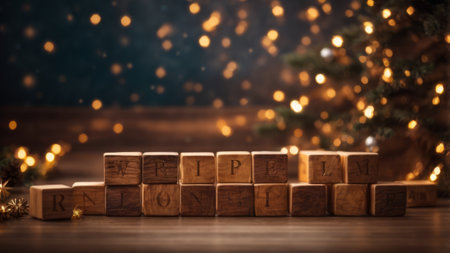 Wooden blocks with the words Merry Christmas on a wooden background.の素材