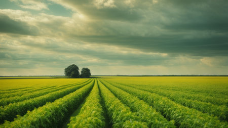 Beautiful landscape with green field and blue sky. Vintage style.の素材