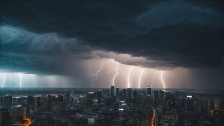 Panoramic view of thunderstorm and lightning above the city.の素材