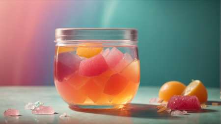 Fruit compote in a glass jar on a turquoise backgroundの素材