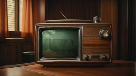 Retro TV on a wooden table in an old room. Vintage style.の素材
