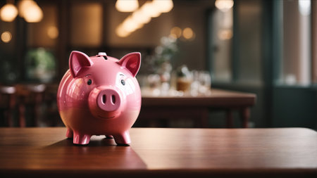 Pink piggy bank on wooden table in coffee shop cafe background.の素材