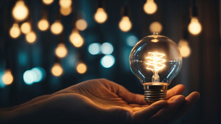 Energy saving light bulb in hand with glowing lightbulb inside.の素材
