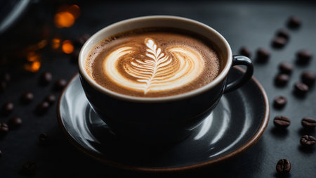Coffee cup with latte art on black stone background.の素材