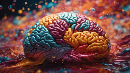 Human brain with colorful paint splashes on black background. 3D renderingの素材