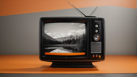 Retro TV on orange and grey background. 3d illustration.の素材
