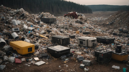 Pile of garbage and household waste in a landfill. Concept of environmental pollution.の素材