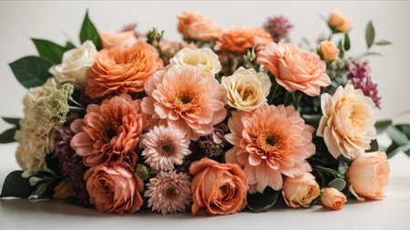 Beautiful bouquet of different flowers on white background, closeupの素材