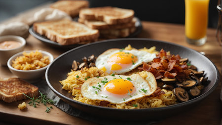 Fried rice with fried egg, bacon and mushrooms on wooden tableの素材