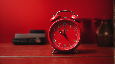 Retro alarm clock on a red background. Retro alarm clock.の素材
