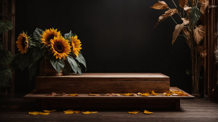 Wooden box with sunflowers and autumn leaves on dark backgroundの素材