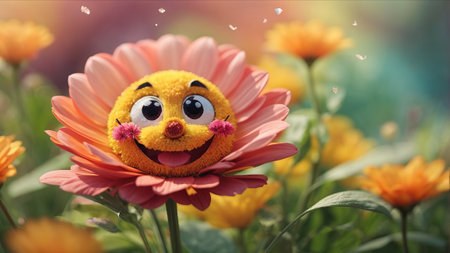 Cute flower with happy face on nature background, 3d illustrationの素材