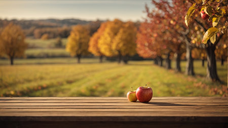Autumn apples on wooden table in apple orchard with blurred backgroundの素材