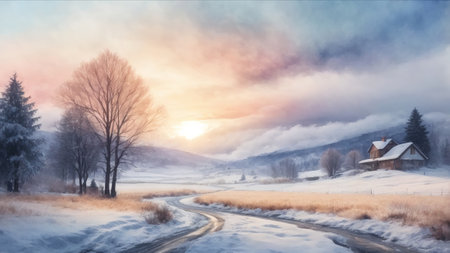 Beautiful winter landscape with snowy road and trees in the foreground.の素材