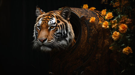 Tiger in a vase with flowers on a black background.の素材