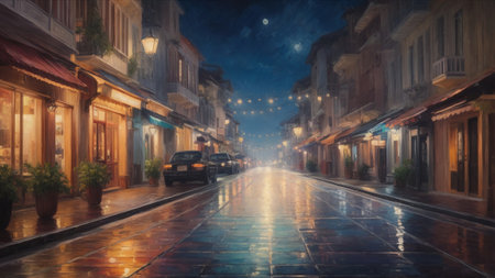 Street in the old town at night. Illustration. Digital painting.の素材