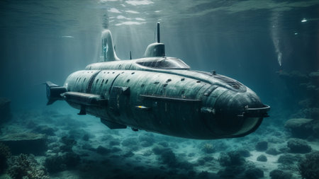 Submarine swimming underwater in deep blue ocean. 3d rendering.の素材
