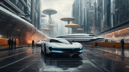 3D rendering of a brand-less generic concept car in the cityの素材