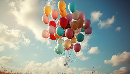 Bunch of colorful balloons on blue sky background. Vintage tonedの素材