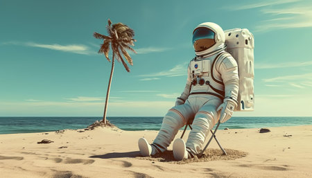 Astronaut on the beach. 3D illustration. Vintage style.の素材