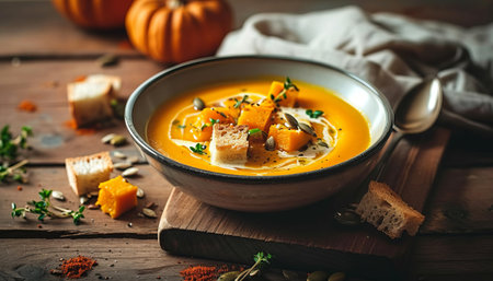 Pumpkin soup with cream and croutons on rustic wooden backgroundの素材