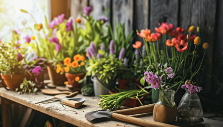Gardening tools and flowers on wooden table in front of windowの素材
