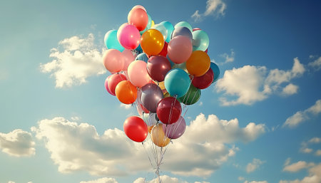 Colorful balloons in the blue sky. 3d render illustration.の素材