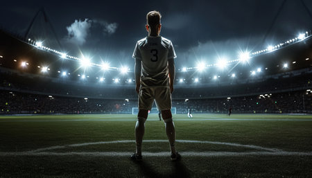 Soccer player on the field of stadium at night. Mixed mediaの素材