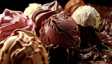 Chocolate truffles with ice cream on black background, closeupの素材