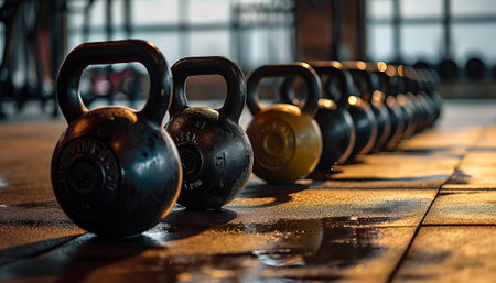 Kettlebells on a gym floor. Toned image.の素材
