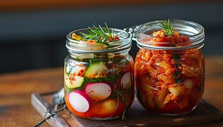 Pickled cucumber and radish in a glass jar on a wooden tableの素材