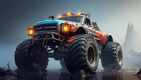 Big monster truck in a dark forest. 3d render illustration.の素材