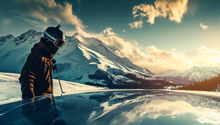 Skier standing on the edge of a frozen lake and looking at the mountainsの素材