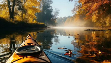 Kayak on the river in autumn forest. Beautiful nature landscape.の素材